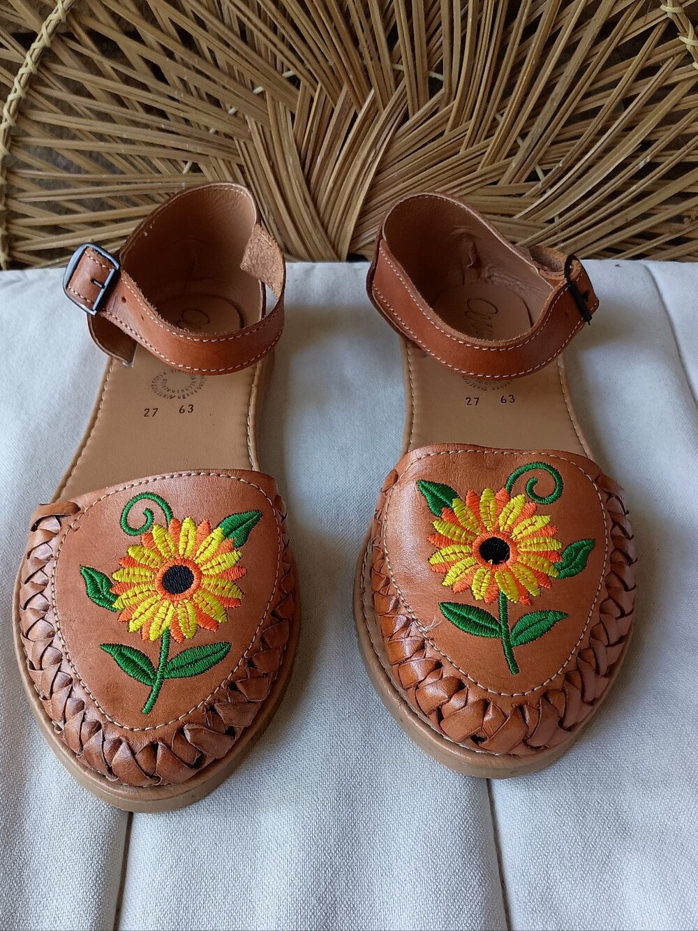Cemoons Women's Brown Leather Sandals with Yellow Sunflower Embroidery_10 - Picture 1 of 9